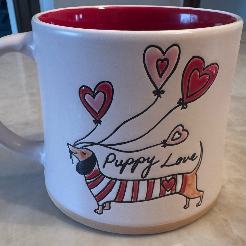 Dachshund Valentine Coffee Mug Puppy Love Red Heart Balloons